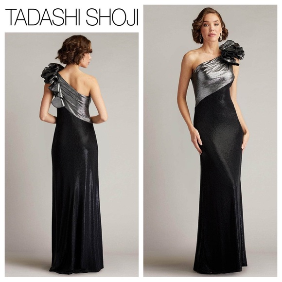 TADASHI SHOJI Korra One Shoulder Metallic Contrast Gown